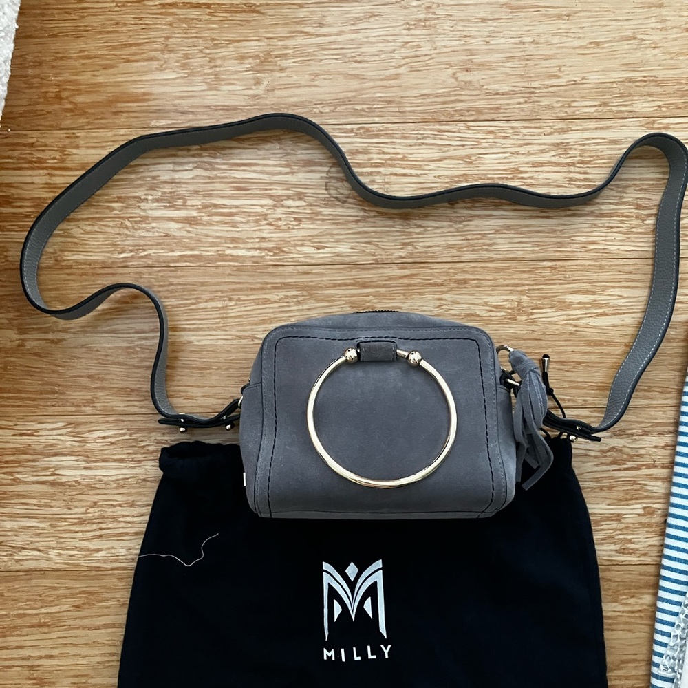 Grey suede Milly crossbody camera bag with ring handles